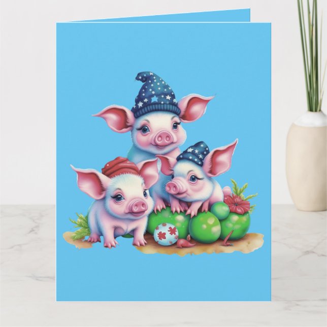 Tarjeta Adorables Navidades de pequeños cerditos rallados  (Anverso)