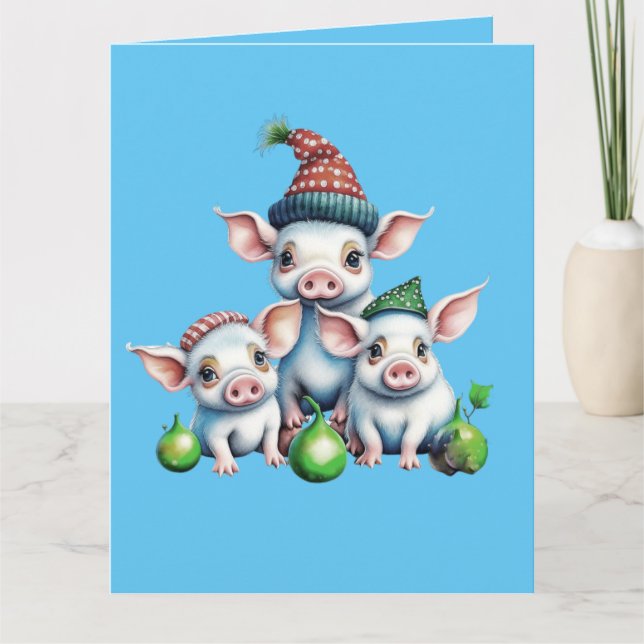 Tarjeta Adorables Navidades de pequeños cerditos rallados  (Anverso)