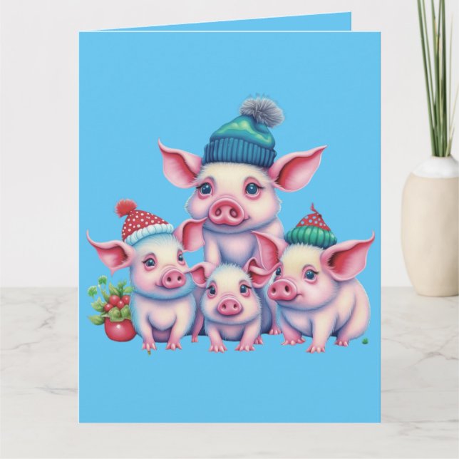 Tarjeta Adorables Navidades de pequeños cerditos rallados  (Anverso)