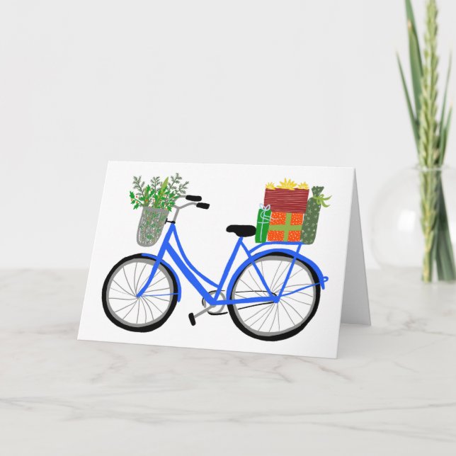 Tarjeta Adorables Navidades Regalos de Navidad en biciclet (Anverso)