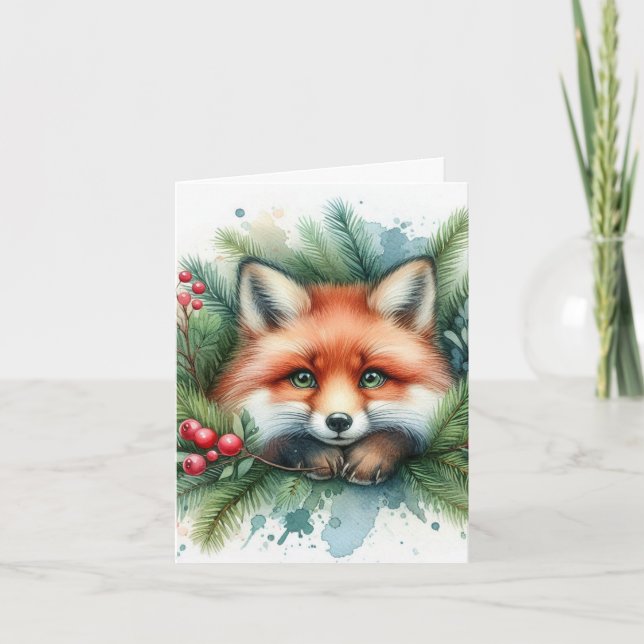 Tarjeta Adorables Navidades Watercolor Rojo Fox (Anverso)