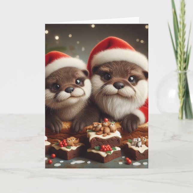 Tarjeta Adorables nutrias con brownie de Navidad (Anverso)
