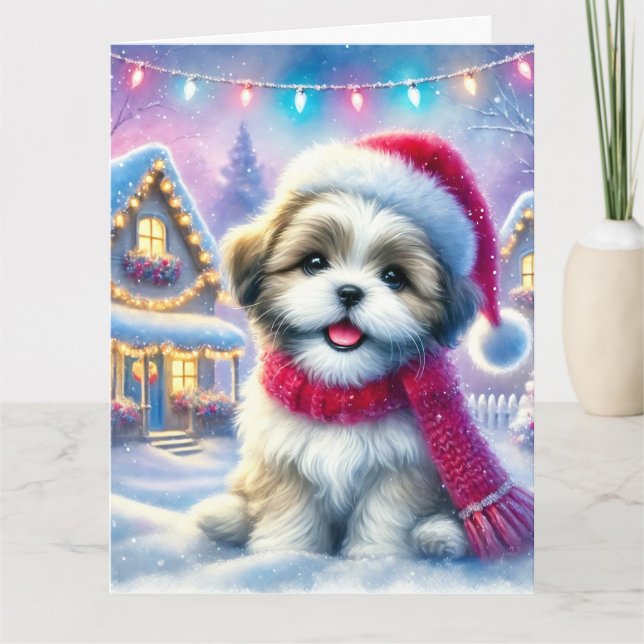 Tarjeta Adorables shih Tzu en aldea de Navidades (Anverso)