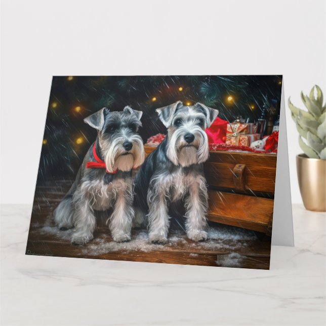 Tarjeta Adorno de Navidad de trineo nevado Schnauzer  (Planta pequeña)