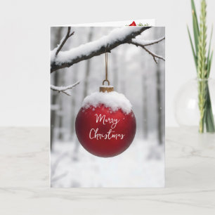 Tarjeta Adorno Navideño Rojo en Rama Nevada