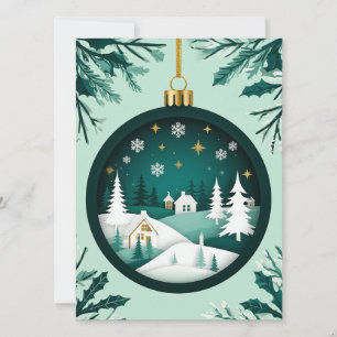 Tarjeta Adorno Navideño Verde Festivo Aldea Invernal Copo 