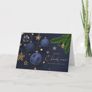 Tarjeta Adornos azules y dorados de Feliz Navidad