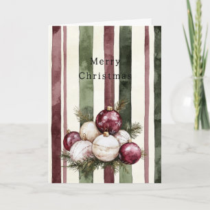 Tarjeta Adornos de Navidad con rayas rojas burgundy crema