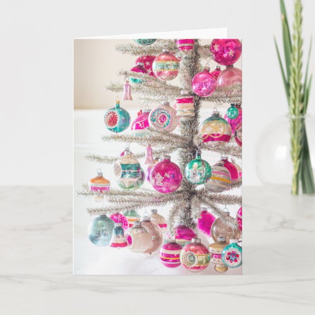 Tarjeta Adornos Navideños Antiguos en Árbol de Purpurina (Anverso)