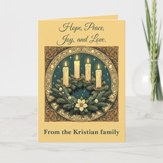 Tarjeta Advent Hope, Peace, Joy, and Love Art Nouveau  (Anverso)