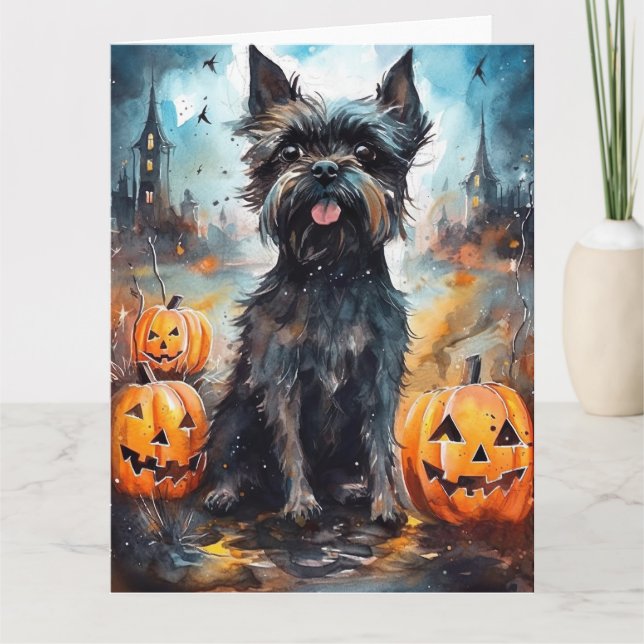Tarjeta Affenpinscher de Halloween con calabazas aterrador (Anverso)