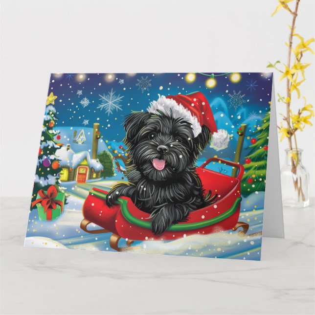 Tarjeta Affenpinscher en Navidades de Nieve en Sleigh (flor amarilla)