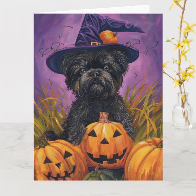 Tarjeta Affenpinscher Falloween Bruja y calabaza (flor amarilla)
