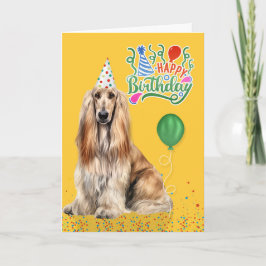 Tarjeta Afghan Hound Dog in a Party Hat on Yellow Birthday