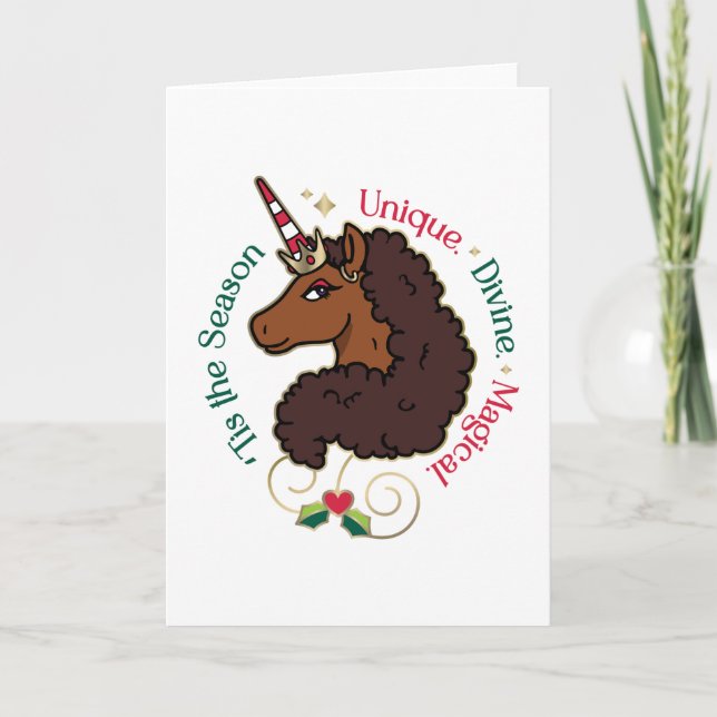 Tarjeta Afro Unicorn 'Tis the Season Unicornio de Vacacion (Anverso)