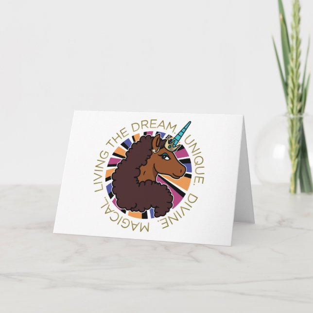 Tarjeta Afro Unicornio viviendo el diseño de sueños (Anverso)