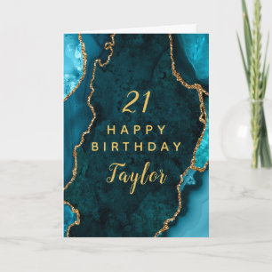 Tarjeta Agante verde azulado azul y oro feliz cumpleaños