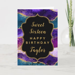 Tarjeta Agate pavo real azul morado dulce 16 cumpleaños fe