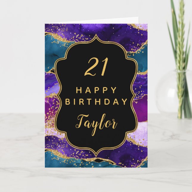 Tarjeta Agato de pavo real morado y azul feliz cumpleaños (Anverso)