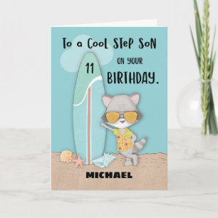 Tarjeta Age 11 Step Son Birthday Beach Funny Guay Raccoon