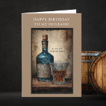 Tarjeta Aged to Perfection Husband Feliz cumpleaños<br><div class="desc">Tarjeta de cumpleaños feliz para él. Feliz cumpleaños a mi marido saludando por encima de un ilustracion acuarela de una elegante botella de whisky en tonos azules junto a un vaso de whisky con detalles ornamentales colocados en madera. El ilustracion se ve reforzado por la edad a la que se...</div>