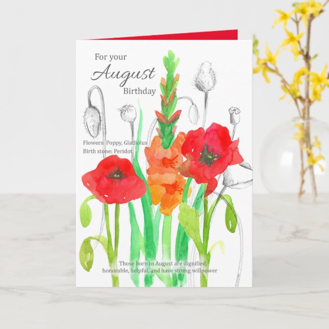Tarjeta Agosto Cumpleaños Gladiolus Flores de pájaros rojo (flor amarilla)
