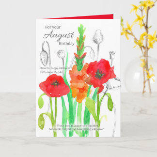 Tarjeta Agosto Cumpleaños Gladiolus Flores de pájaros rojo