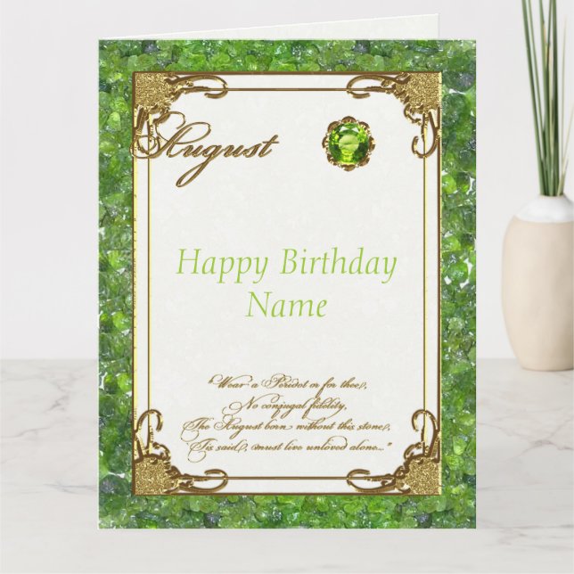 Tarjeta Agosto Peridot Birthstone Gran Cumpleaños (Anverso)