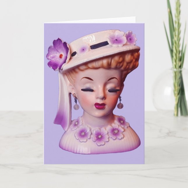 Tarjeta Agradable Lady Head Vase Purple Flowers 1960 Doll (Anverso)