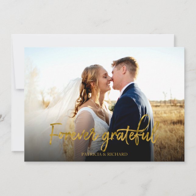 Tarjeta Agradecidos Bodas de Relieve metalizado dorado por (Anverso)