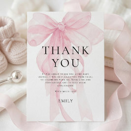 Tarjeta Agradecimiento de Baby Shower con Lazo Rosa Suave