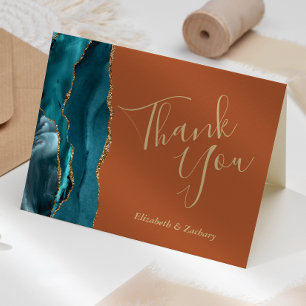 Tarjeta Agradecimiento de boda Ágata Teal Oro Naranja Quem