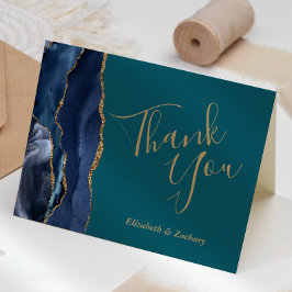 Tarjeta Agradecimiento de boda azul marino oro ágata verde