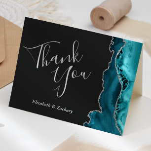 Tarjeta Agradecimiento de Boda Azul Teal Moderno de Plata 