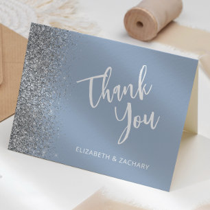 Tarjeta Agradecimiento de boda con brillo plateado azul po