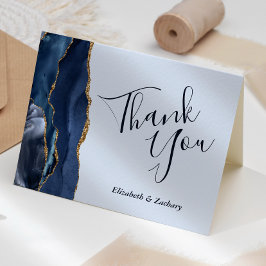 Tarjeta Agradecimiento de boda de ágata dorada azul marino