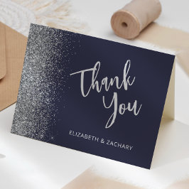 Tarjeta Agradecimiento de boda de brillo plateado azul osc