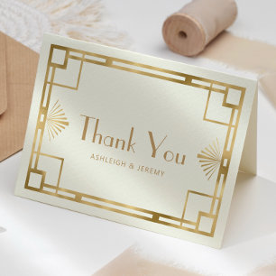 Tarjeta Agradecimiento de boda de oro marfil Deco vintage 