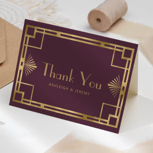 Tarjeta Agradecimiento de boda dorado burgundy Deco vintag