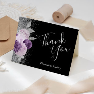 Tarjeta Agradecimiento de boda Floral Morado Plata Negro