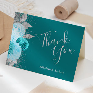 Tarjeta Agradecimiento de Boda Floral Turquesa Plata