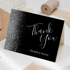 Tarjeta Agradecimiento de boda negro borde brillo plateado