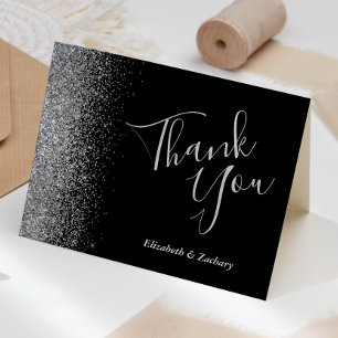 Tarjeta Agradecimiento de boda negro borde brillo plateado