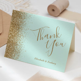 Tarjeta Agradecimiento de boda verde menta brillo dorado