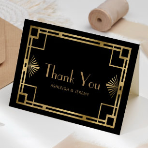Tarjeta Agradecimiento de boda Vintage 1920s Deco Negro Or