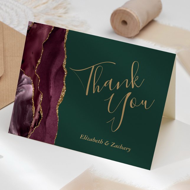 Tarjeta Agradecimiento de Borgoña Boda Verde Oro Gracias (Subido por el creador)