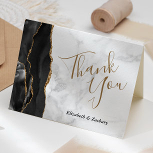 Tarjeta Agradecimiento de oro negro Boda de mármol blanco