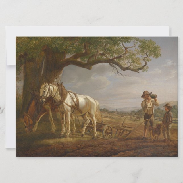 Tarjeta Agricultores descansando en un campo con caballos  (Anverso)