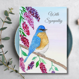 Tarjeta Agua de acuarela Pájaro azul en árbol de Wisteria