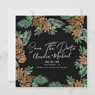 Tarjeta Aguamarina de Navidad Piñas Negro Guardar la Fecha